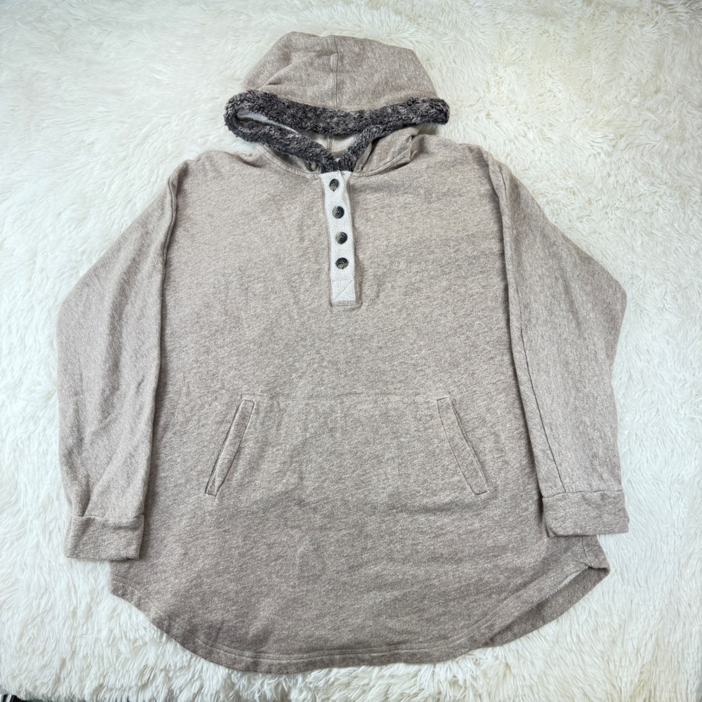 Soft‎ Surroundings Hoodie Tunic Large Pullover Fur Trim Button Front Cozy Casual
